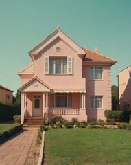 A pink house with a white trim and a red roof