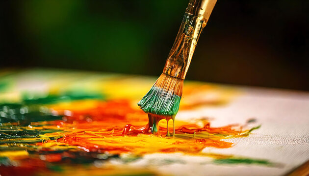 Close-up of paintbrush applying vibrant green and orange oil paint to canvas.  Rich textures and colors ideal for art, creativity, and process-oriented projects.