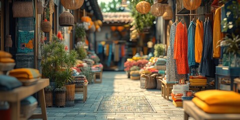 Fototapeta premium Vibrant Asian Market Street Scene: Sunlit Alleyway with Colorful Textiles and Traditional Crafts