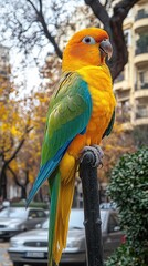 Obraz premium Colorful parrot perched on a pole during autumn in a bustling city street