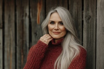 Fototapeta premium A beautiful middle-aged woman in a cozy sweater, smiling gently against a wooden background.