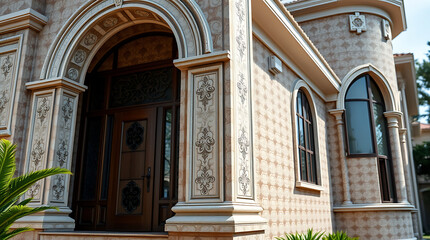 Obraz premium Majestic House Exterior: Ornate Facade and Elegant Entrance Design. Discover the beauty of classical architecture in this luxury home. Real estate, property, and residential design inspiration.