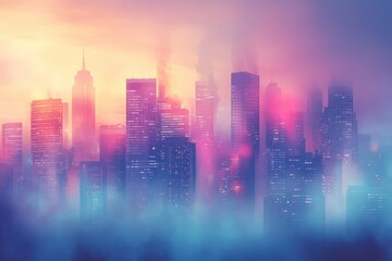 Fototapeta premium Cityscape with Fog and Colorful Sunset