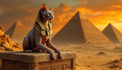 Sphinx cat poses majestically near ancient pyramids at sunset in a desert landscape