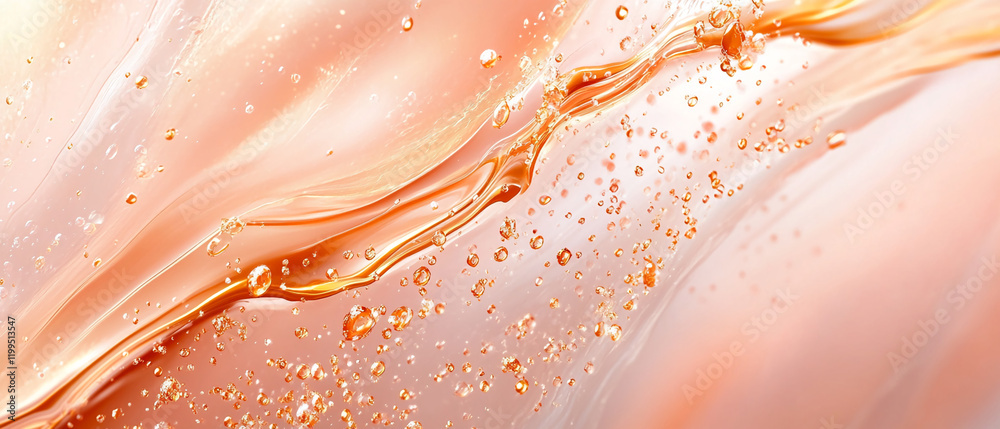 Poster Abstract close-up image of liquid splashes with droplets in soft orange hues