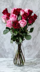 Vibrant mixed rose bouquet in a glass vase on marble table
