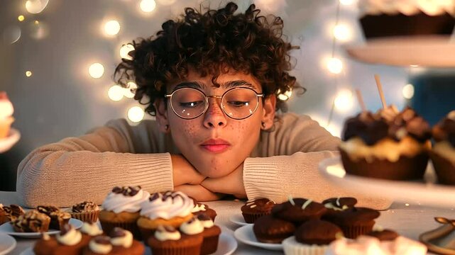 Person Alone at Party Watching Table of Snacks and Desserts