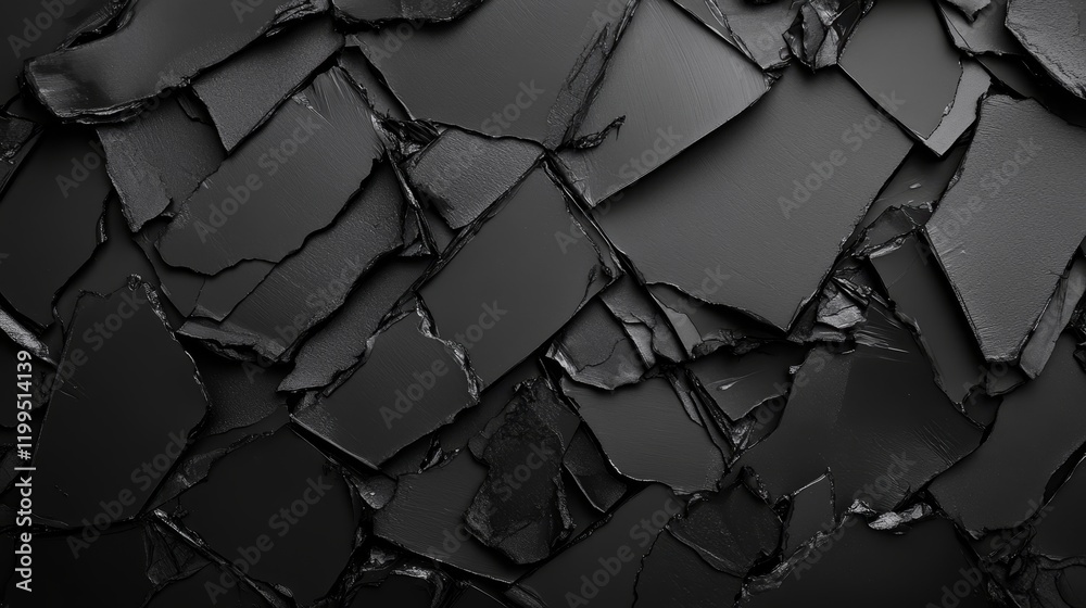 Poster close up of a fractured, abstract black surface. texture background.