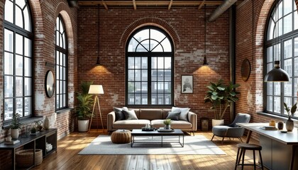 Naklejka premium Modern Living Room with Arched Window, Brick Walls, and Cozy Decor