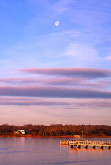 Seascape with the White Moon Going Down at Twilight