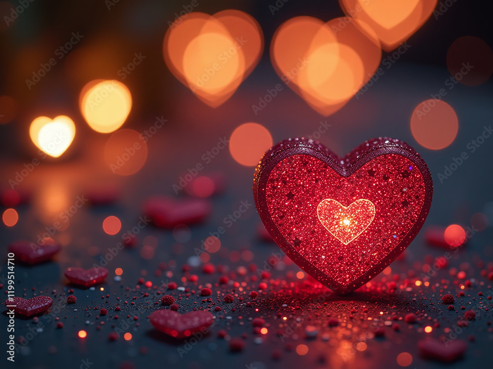 Poster Romantic Evening Setting Features Twinkling Lights, Sparkling Glitter, Shimmering Hearts, And A Soft Bokeh Effect In The Background. 00003