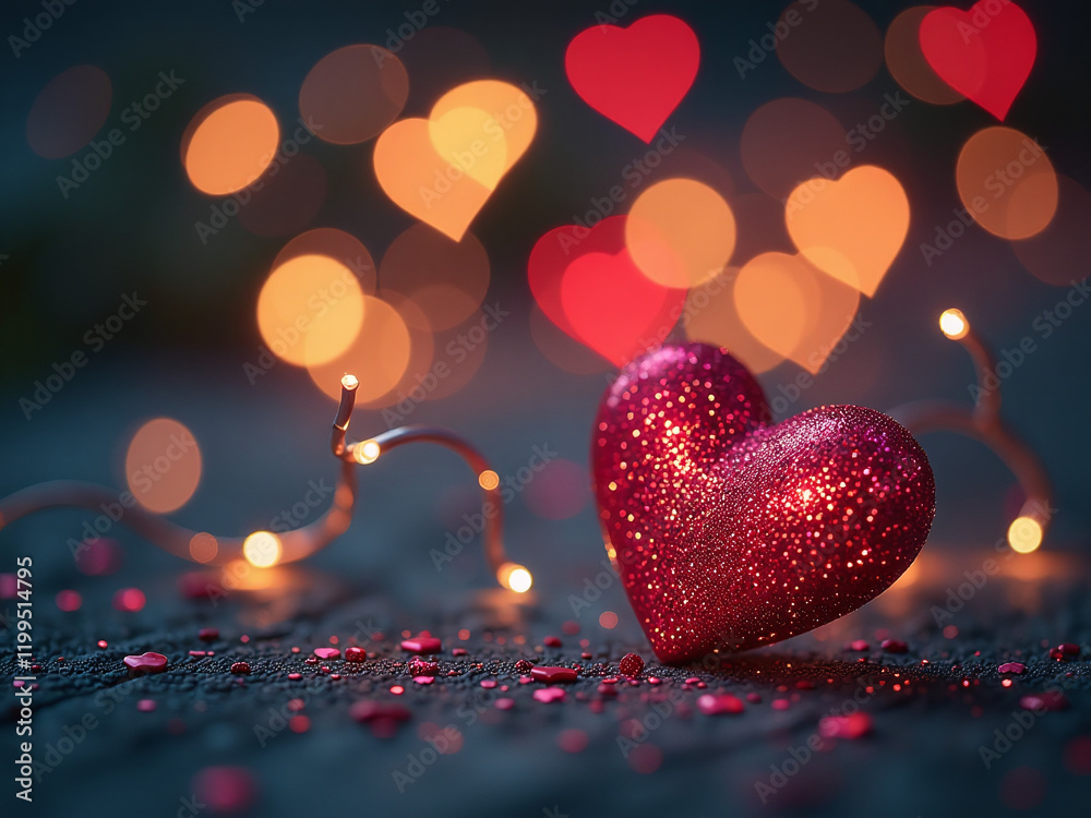 Poster Romantic Evening Setting Features Twinkling Lights, Sparkling Glitter, Shimmering Hearts, And A Soft Bokeh Effect In The Background. 00001