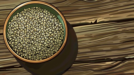 Top View Bowl of Hemp Seeds on Wooden Background Cartoon Style