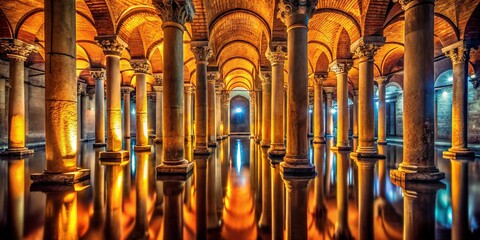 Naklejka premium Istanbul Yerebatan Cistern: Ancient Underground Basilica, Mysterious Columns & Reflections