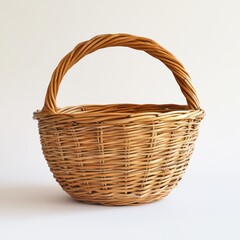 A simple woven basket with a curved handle, showcasing natural materials and a rustic design.