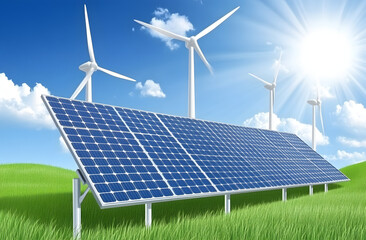 Solar panels and wind turbines in a green field with a blue sky background