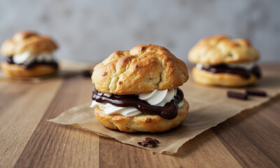 Cream Puffs with Whipped Cream and Chocolate Sauce