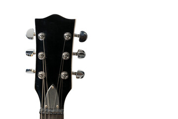 A close up of a guitar headstock. The headstock is black and silver. The headstock is the part of...