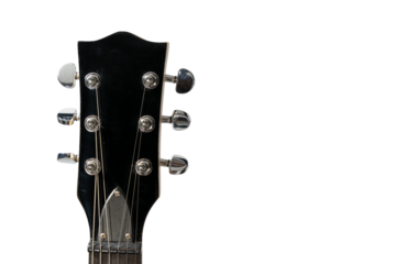 A close up of a guitar headstock. The headstock is black and silver. The headstock is the part of the guitar that holds the strings