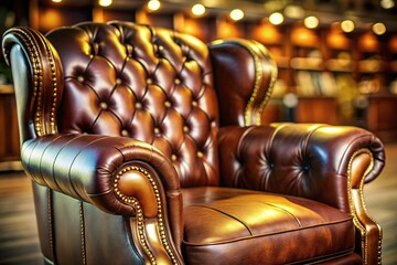 Obraz premium Luxurious Brown Leather Chair with Gold Accents - Elegant Interior Design Stock Photo