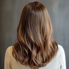 Obraz premium A woman with long, wavy brown hair is seen from the back, showcasing a smooth, healthy texture against a neutral background.