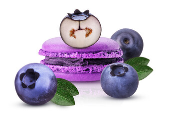 Ripe blueberry and macaroon with green leaf