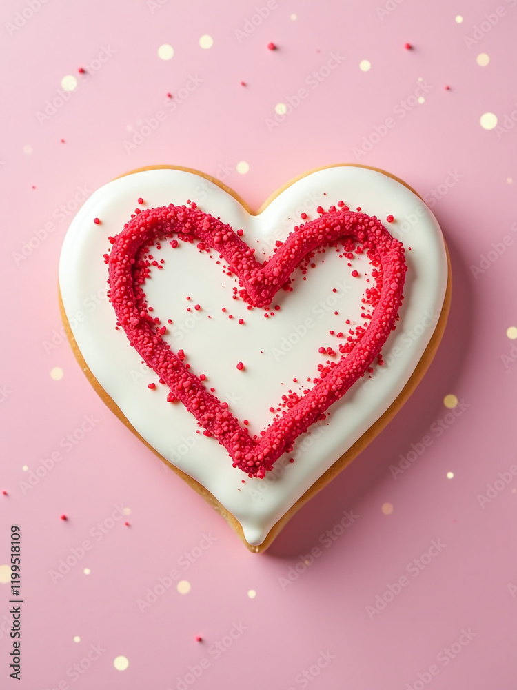Poster pastel pink background features a delicate heart design made from red sugar, surrounded by creamy wh