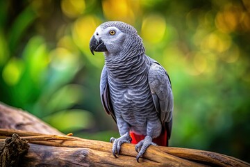 Fototapeta premium Majestic Grey Parrot Perched on Rustic Wooden Branch - Wildlife Stock Photo