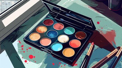 Stunning Eye Shadow Palette Close-up on Table - Cartoon Style