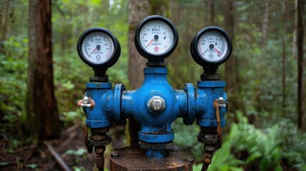 Fototapeta premium Blue Water Pressure Gauge in a Forest Setting