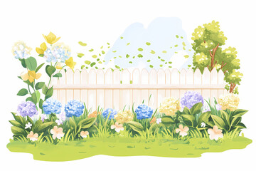 Beautiful summer garden with lush green grass, flowers, and plants in the sunlight