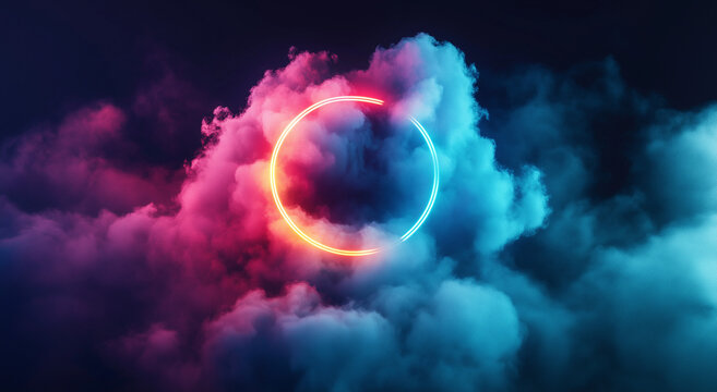 Abstract cloud illuminated with a neon light ring on a dark background.