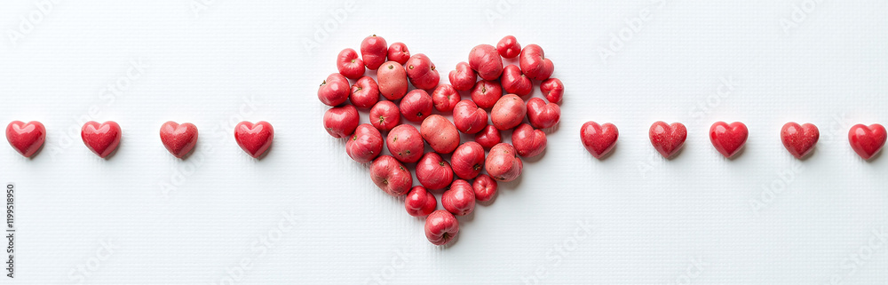 Poster my heart beats for you against a simple yet elegant white canvas dotted with tiny red potato shapes.