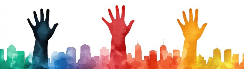 Obraz premium Colorful hands raised against a city skyline, symbolizing unity, diversity, and empowerment.