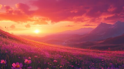 Fototapeta premium Scenic landscape with wildflower fields under a vibrant sunset sky