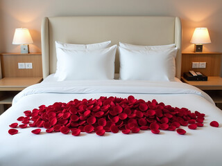 Minimalistic Hotel Room Features White Pillows, Duvet Blankets, And Bedsheets Adorned With A Heap Of Red Rose Petals. 00003