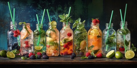 Fototapeta premium Colorful Refreshing Summer Drinks in Mason Jars with Mint and Citrus on a Dark Background, Perfect for Celebrations and Parties