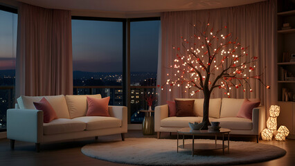 A grand minimalist Valentine's tree standing as the centerpiece of a cozy living room, adorned with delicate heart-shaped ornaments in shades of red, pink, and white, illuminated by soft white light.