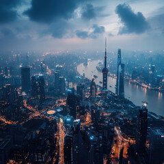 Fototapeta premium Aerial view of Shanghai skyline at dusk, showcasing modern architecture and vibrant city lights