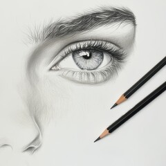 A detailed pencil drawing of an eye, showcasing realistic textures and shading, accompanied by two pencils.