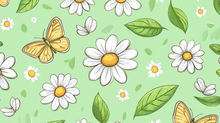 Seamless spring pattern featuring hand-drawn leaves, daisies, and butterflies on a mint green backdrop