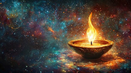 Single lit oil lamp against a cosmic backdrop of stars and galaxies. Represents spirituality, hope, and the connection between light and the universe. Generative AI.