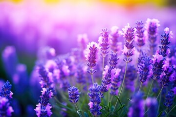 Purple Haze: Lavender Bush in Sharpened Field. Lavandula Flower as Herbal Background in Blue and...