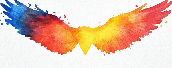 A vibrant watercolor illustration of a bird's wings, blending shades of red, yellow, and blue, symbolizing freedom and creativity.