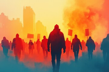 Fototapeta premium A silhouetted crowd marches through a smoky landscape, holding banners against a vibrant, colorful backdrop of dusk or dawn.