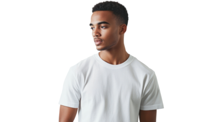 Young man wearing a plain white t-shirt, looking thoughtfully to the side, isolated on a white background.