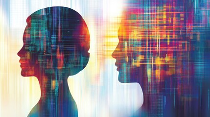 Silhouettes of two human profiles against a vibrant, abstract background with colorful patterns