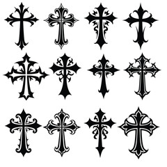 Set of 12 Ornate Gothic Cross Designs in Black Vector Illustration