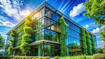 Obraz premium Sustainable Green Building Exterior: Glass Curtain Wall & Lush Nature