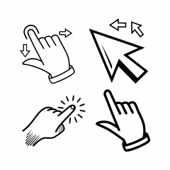 This black and white vector graphic displays various hand gestures, including swiping and clicking actions.
